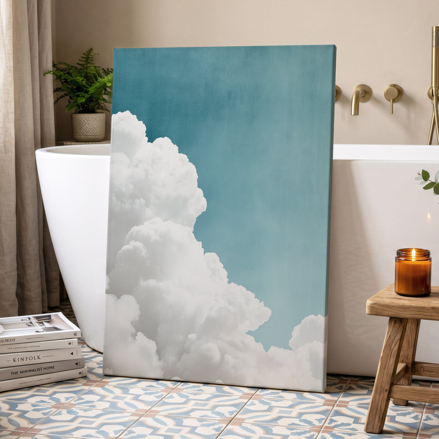 Clouds in Quiet Blue, blue, white, gray nature wall art displayed in a styled interior, gallery view 7