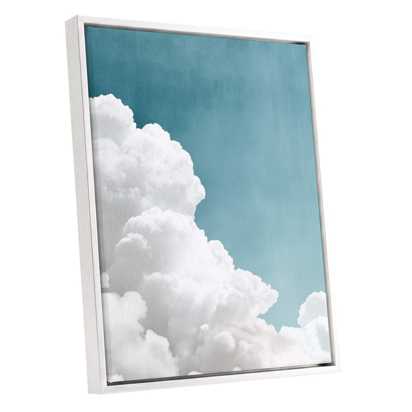 Clouds in Quiet Blue, blue, white, gray nature wall art shown as a white framed canvas wall art