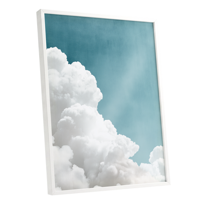 Clouds in Quiet Blue, blue, white, gray nature wall art shown as a white framed poster wall art print