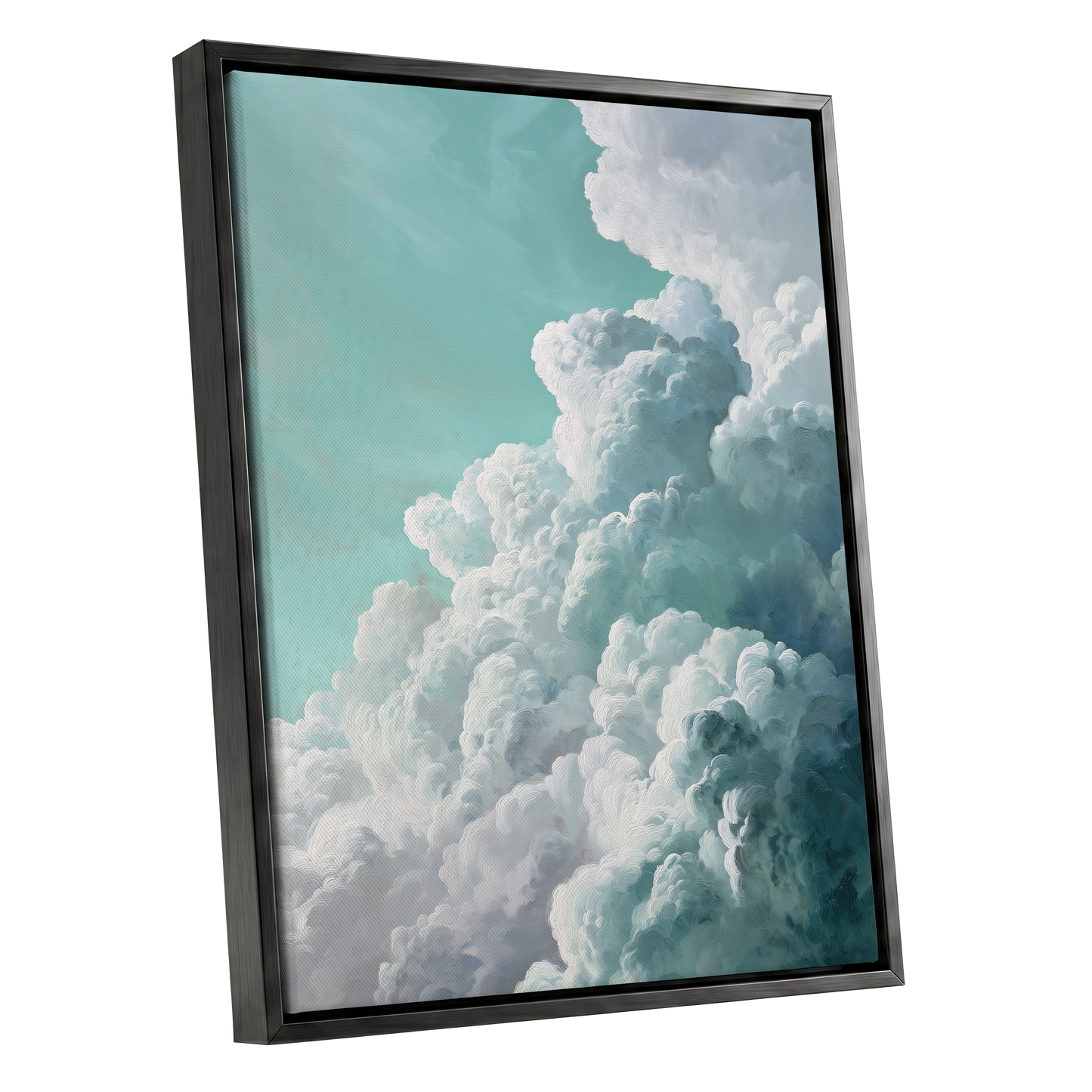 Clouds in Turquoise, blue, green, white nature wall art shown as a black framed canvas wall art