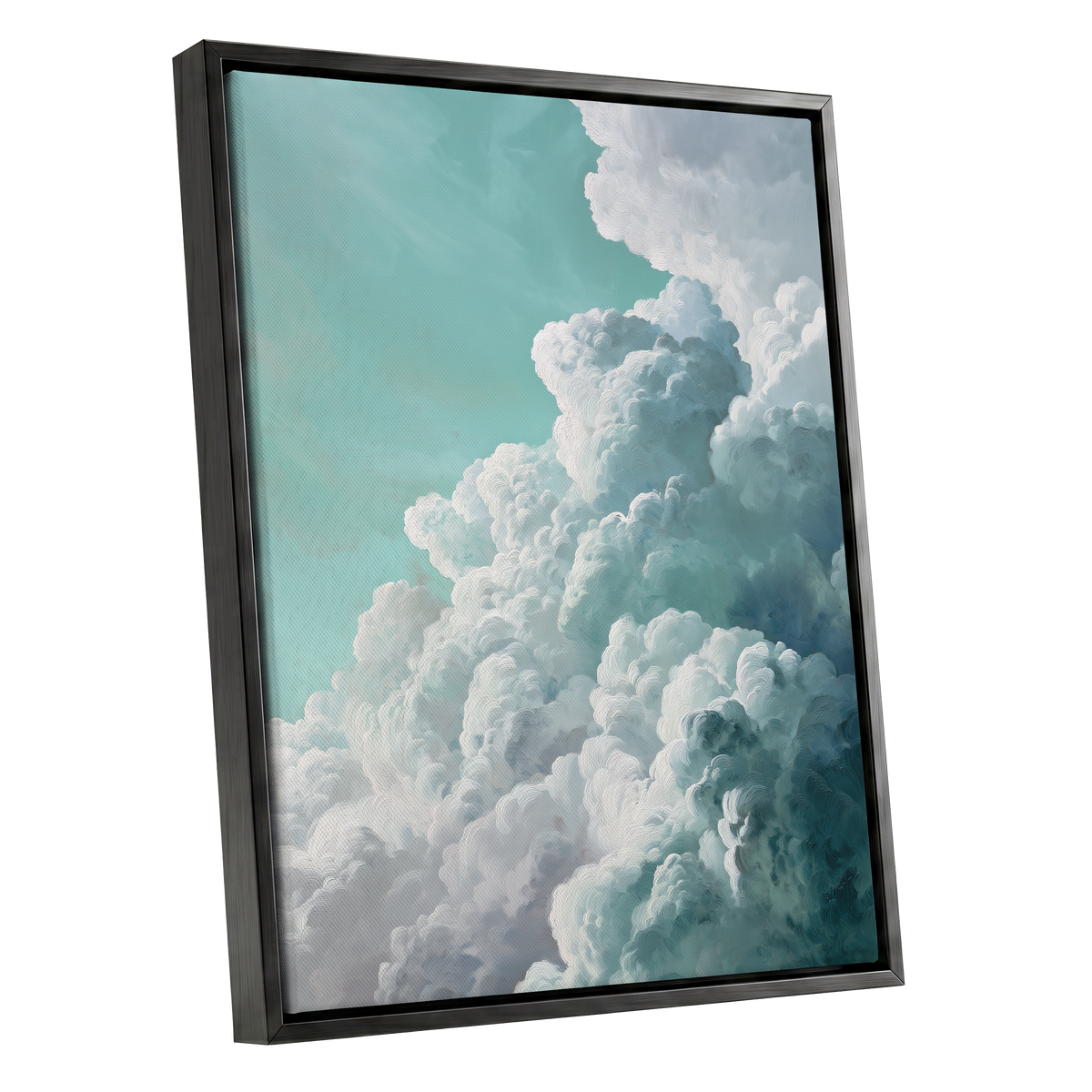 Clouds in Turquoise, blue, green, white nature wall art shown as a black framed canvas wall art