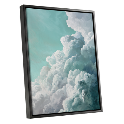 Clouds in Turquoise, blue, green, white nature wall art shown as a black framed canvas wall art