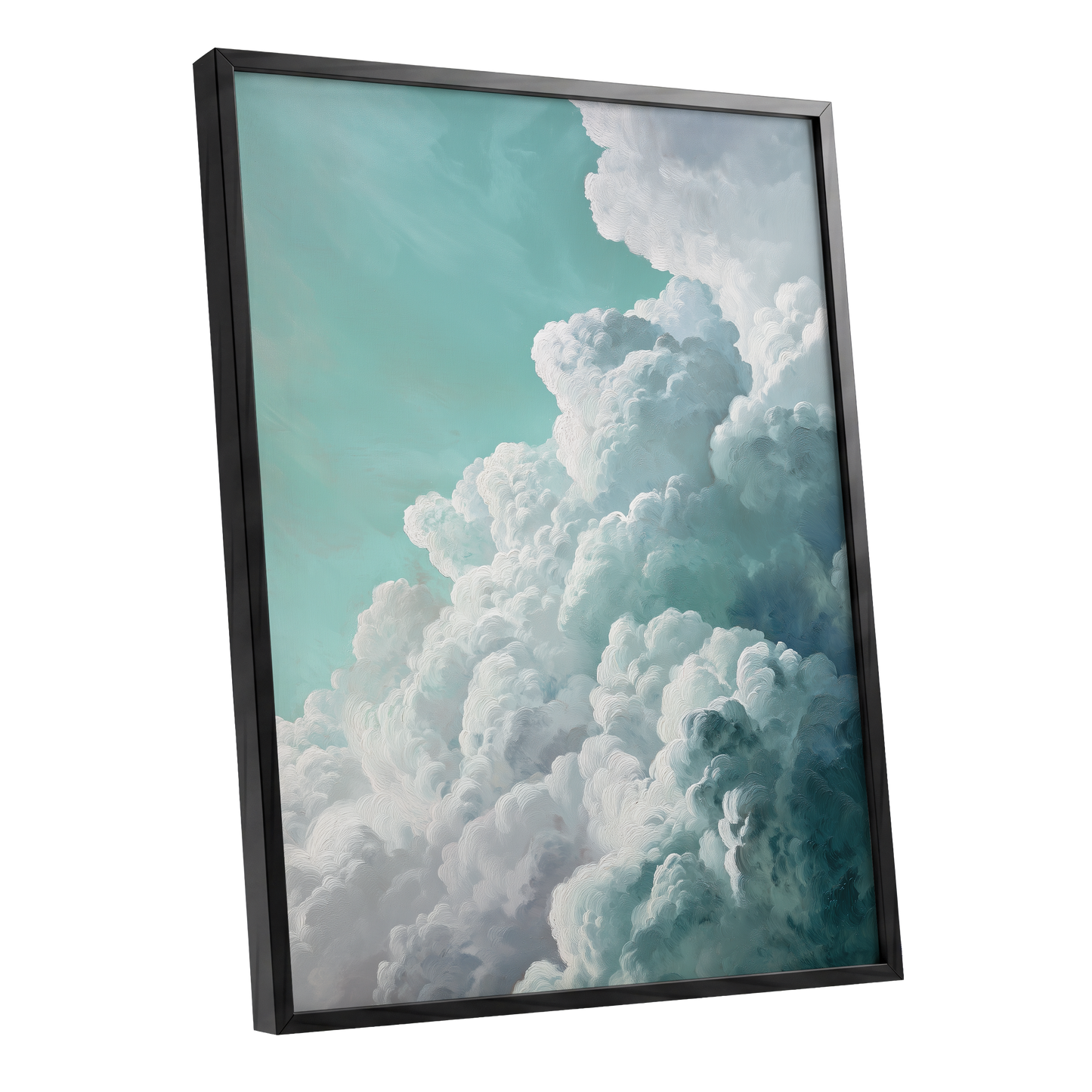 Clouds in Turquoise, blue, green, white nature wall art shown as a black framed poster wall art print