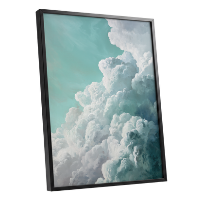 Clouds in Turquoise, blue, green, white nature wall art shown as a black framed poster wall art print