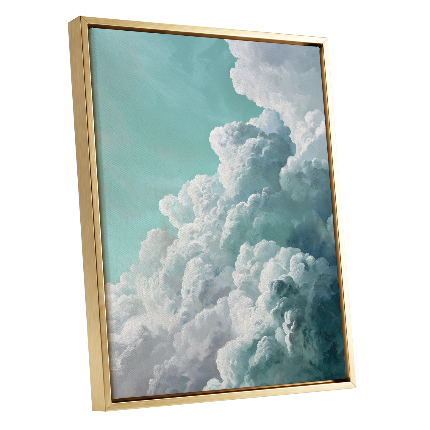 Clouds in Turquoise, blue, green, white nature wall art shown as a gold framed canvas wall art