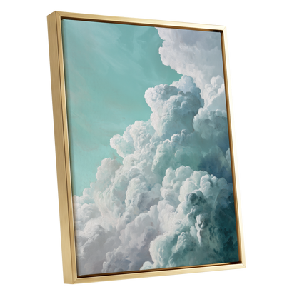 Clouds in Turquoise, blue, green, white nature wall art shown as a gold framed canvas wall art