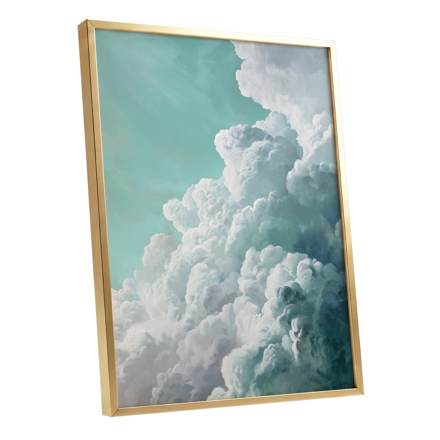Clouds in Turquoise, blue, green, white nature wall art shown as a gold framed poster wall art print