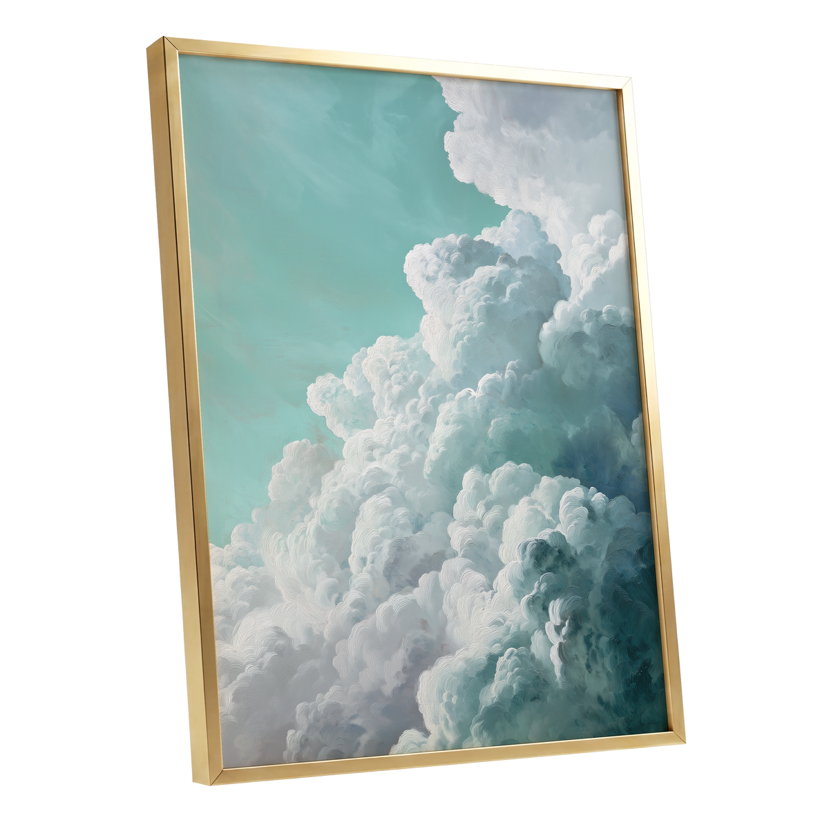 Clouds in Turquoise, blue, green, white nature wall art shown as a gold framed poster wall art print