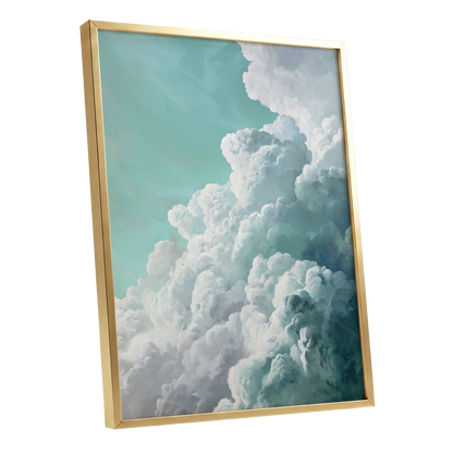 Clouds in Turquoise, blue, green, white nature wall art shown as a gold framed poster wall art print