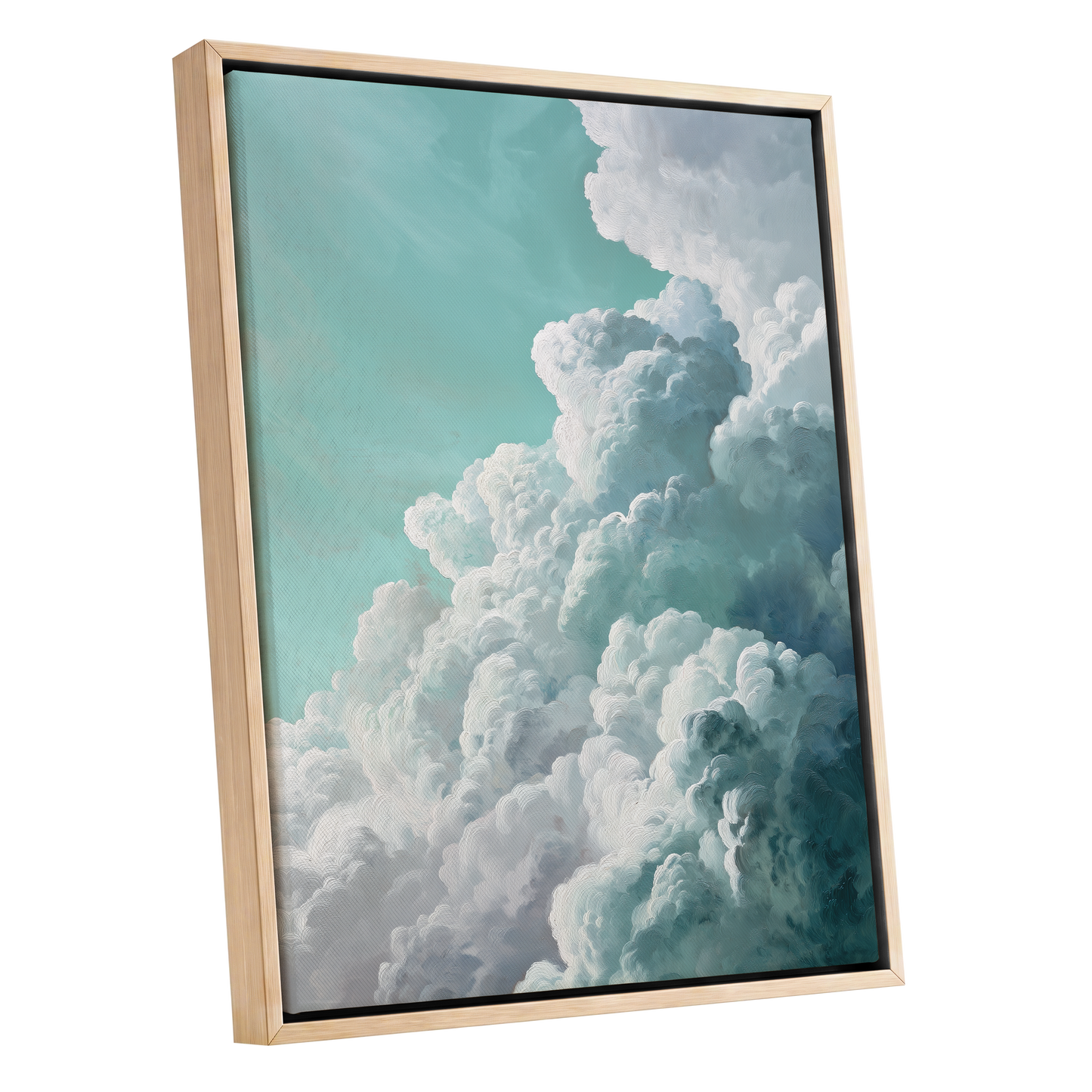 Clouds in Turquoise, blue, green, white nature wall art shown as a oak framed canvas wall art