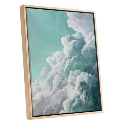 Clouds in Turquoise, blue, green, white nature wall art shown as a oak framed canvas wall art