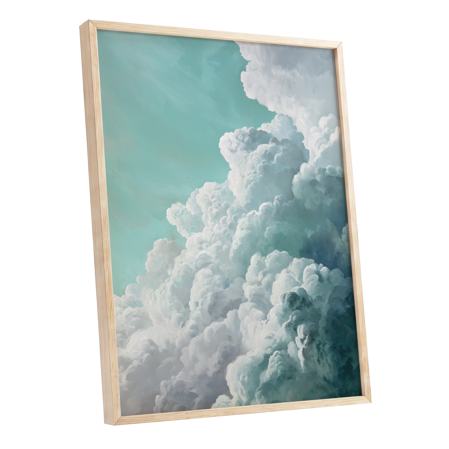 Clouds in Turquoise, blue, green, white nature wall art shown as a oak framed poster wall art print