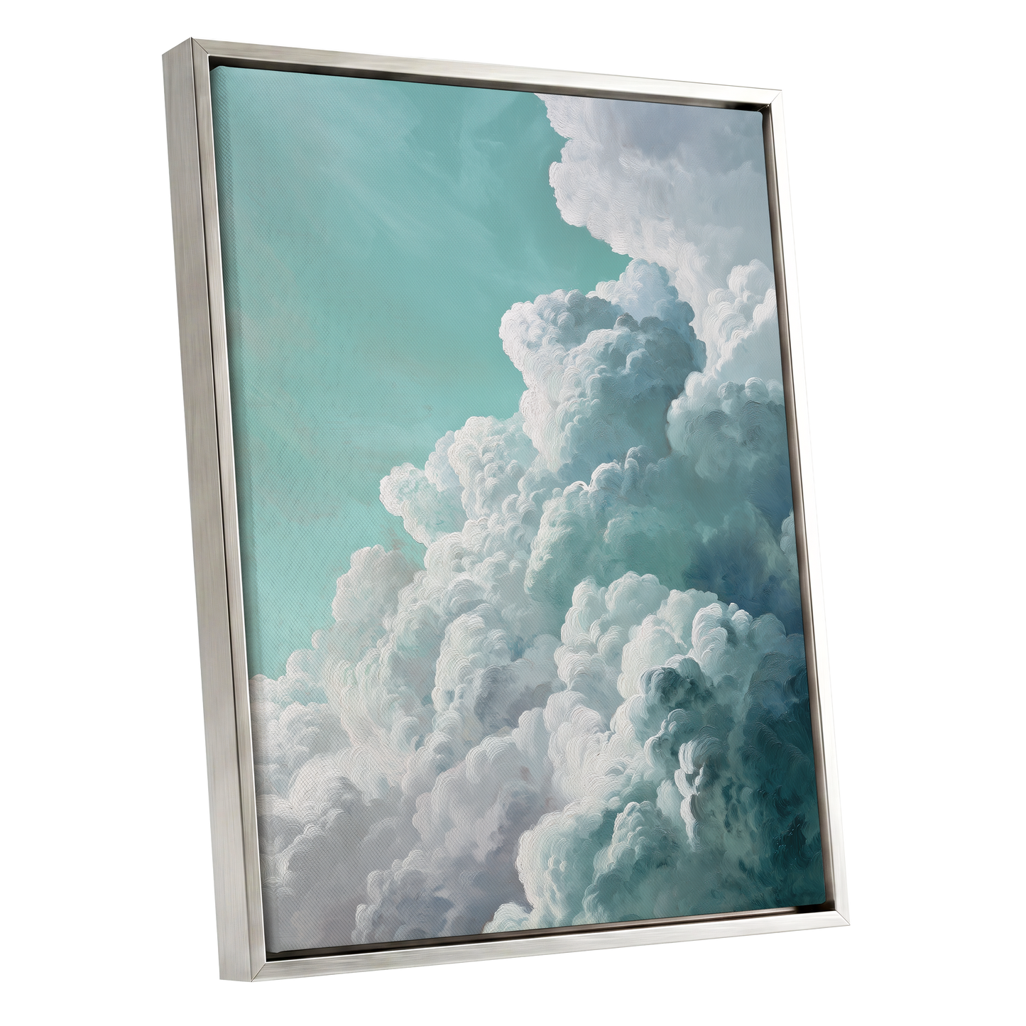 Clouds in Turquoise, blue, green, white nature wall art shown as a silver framed canvas wall art