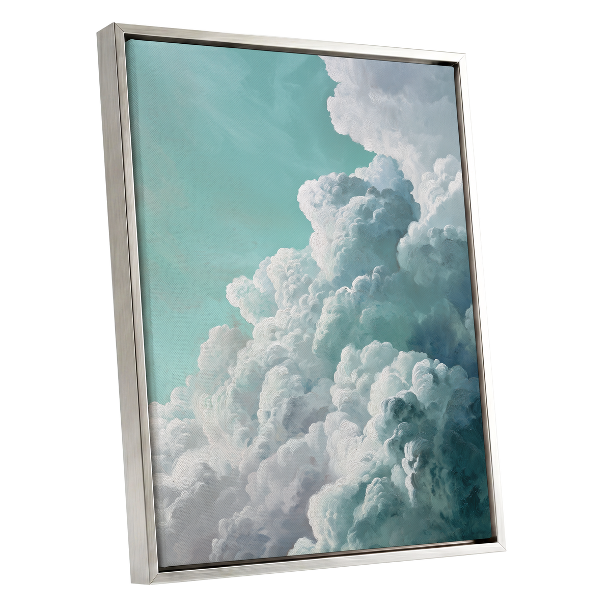 Clouds in Turquoise, blue, green, white nature wall art shown as a silver framed canvas wall art