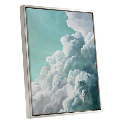 Clouds in Turquoise, blue, green, white nature wall art shown as a silver framed canvas wall art