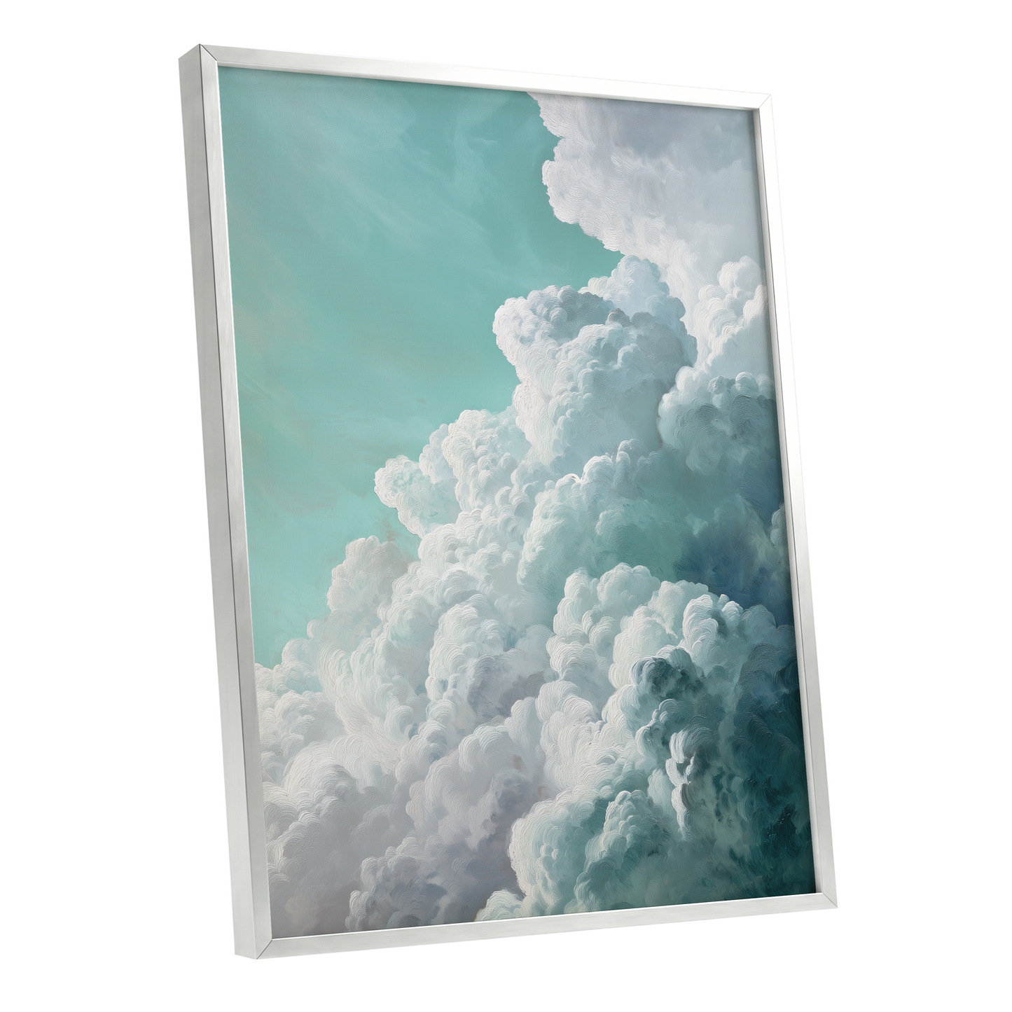 Clouds in Turquoise, blue, green, white nature wall art shown as a silver framed poster wall art print