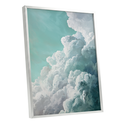 Clouds in Turquoise, blue, green, white nature wall art shown as a silver framed poster wall art print