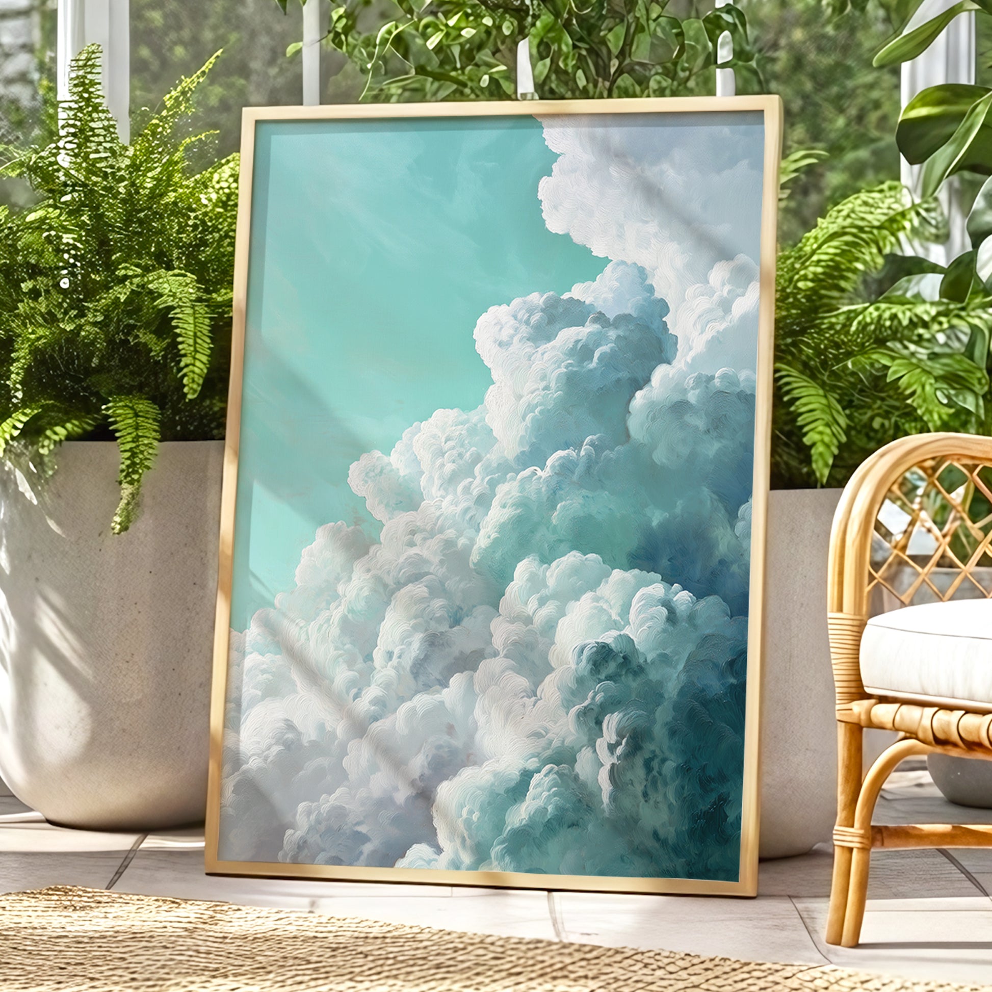 Clouds in Turquoise, blue, green, white nature wall art displayed in a styled interior, gallery view 2