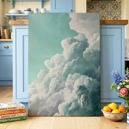 Clouds in Turquoise, blue, green, white nature wall art displayed in a styled interior, gallery view 3