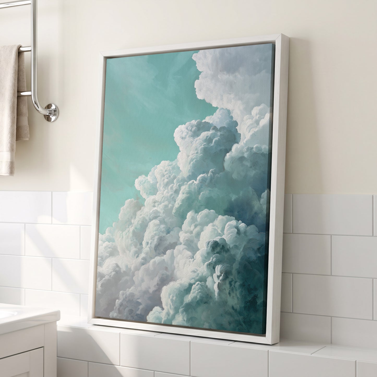 Clouds in Turquoise, blue, green, white nature wall art displayed in a styled interior, gallery view 4