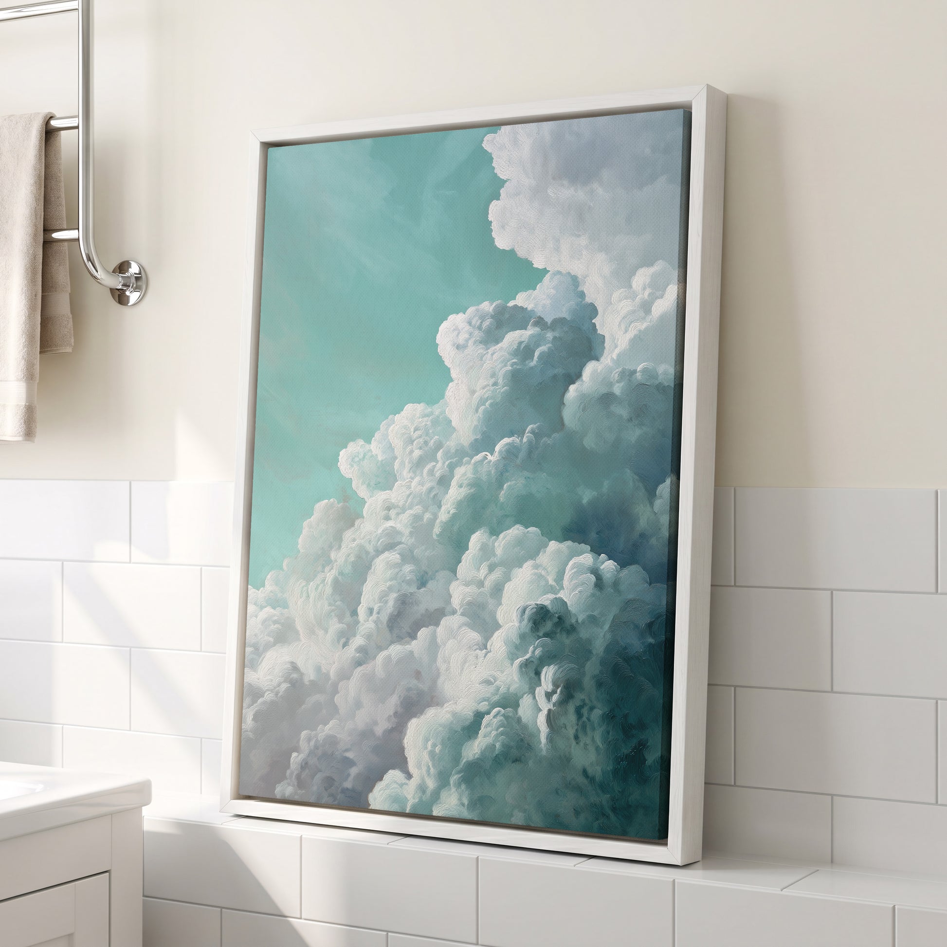 Clouds in Turquoise, blue, green, white nature wall art displayed in a styled interior, gallery view 4