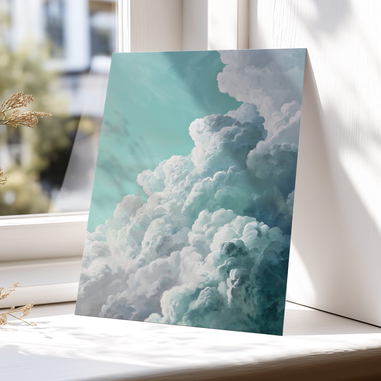 Clouds in Turquoise, blue, green, white nature wall art displayed in a styled interior, gallery view 5