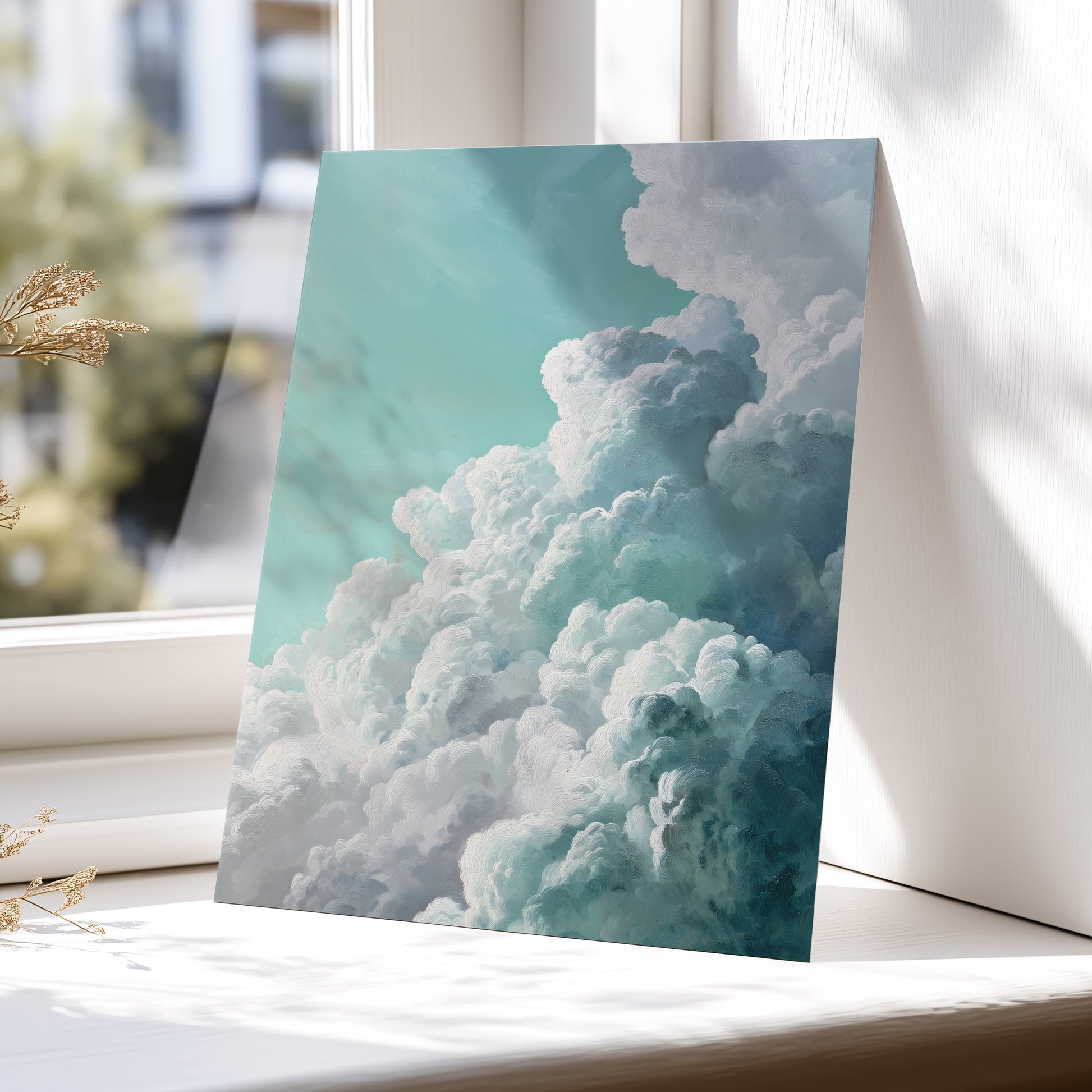 Clouds in Turquoise, blue, green, white nature wall art displayed in a styled interior, gallery view 5