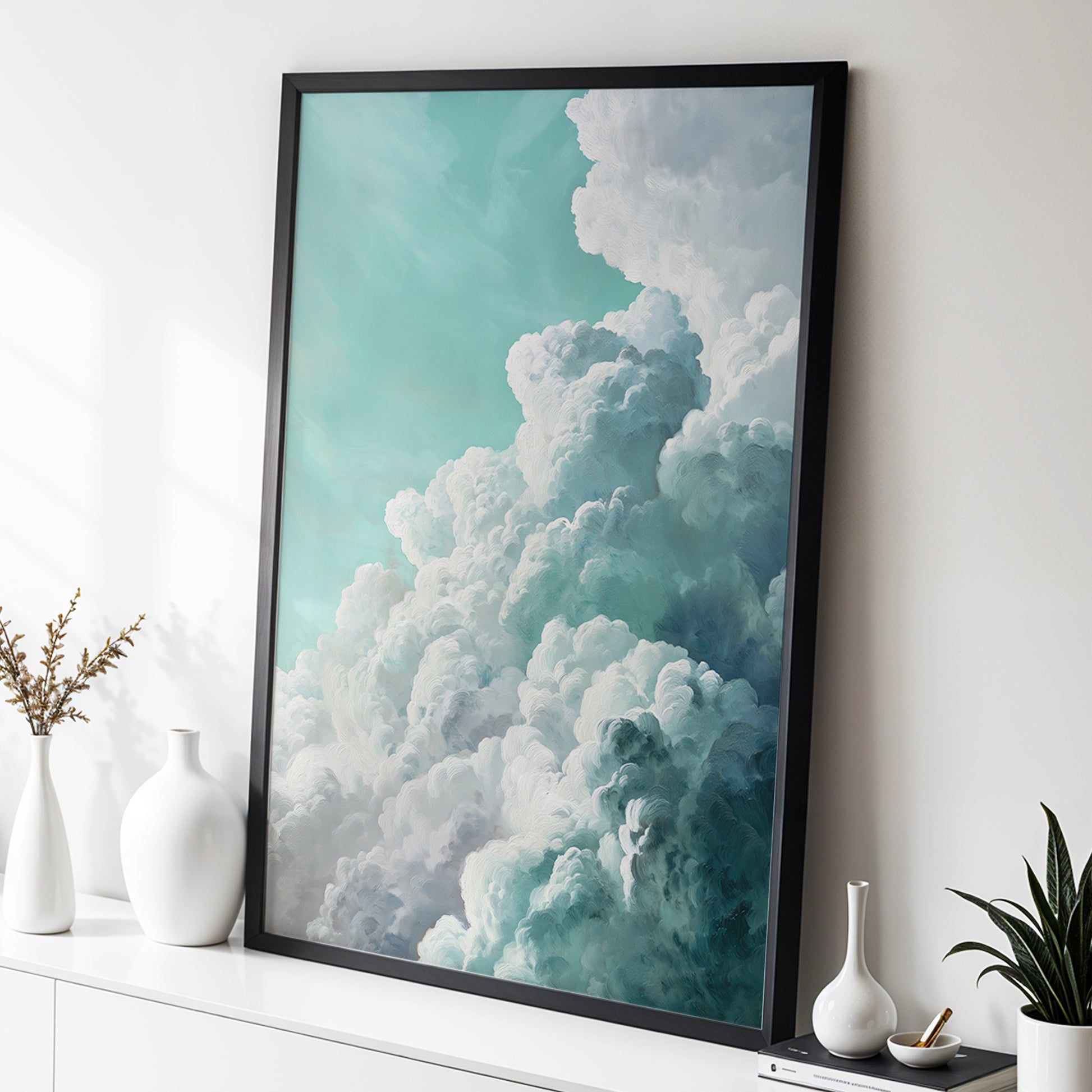 Clouds in Turquoise, blue, green, white nature wall art displayed in a styled interior, gallery view 6