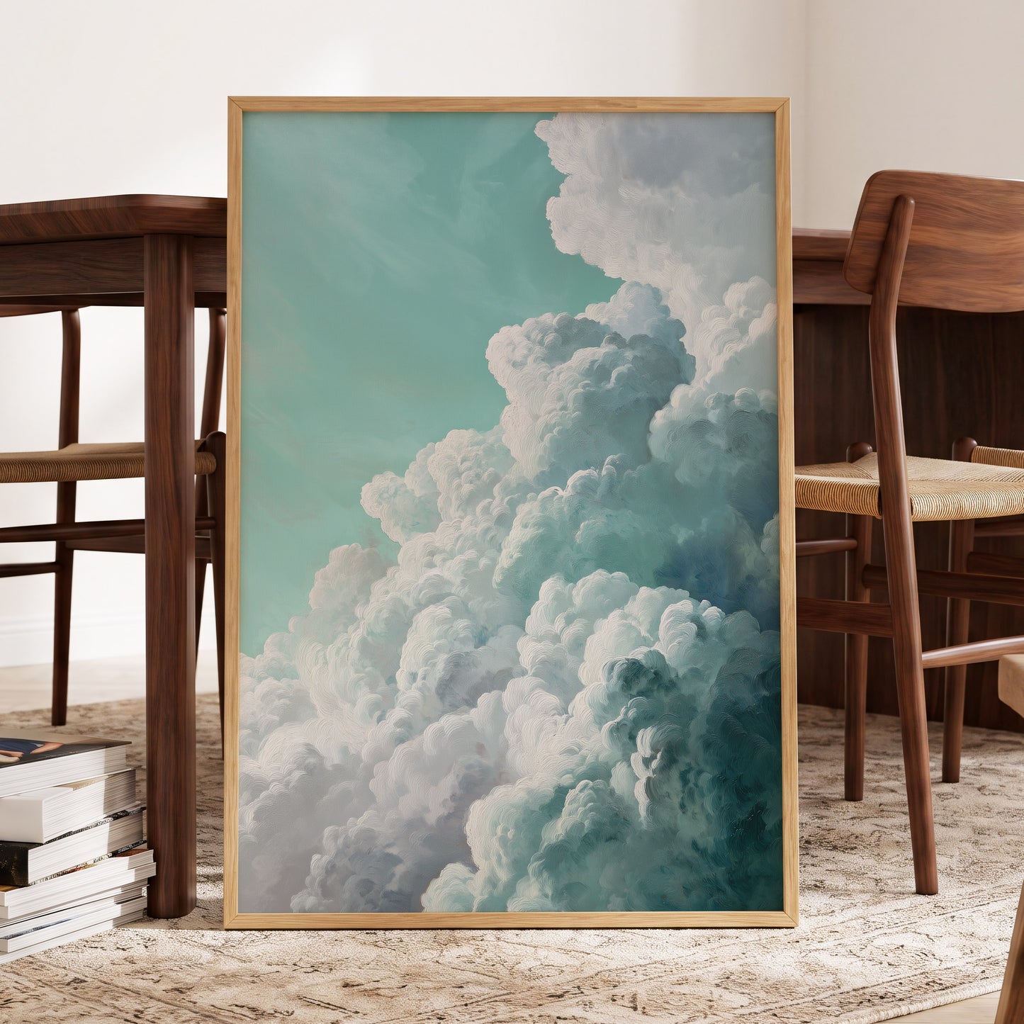 Clouds in Turquoise, blue, green, white nature wall art displayed in a styled interior, gallery view 9