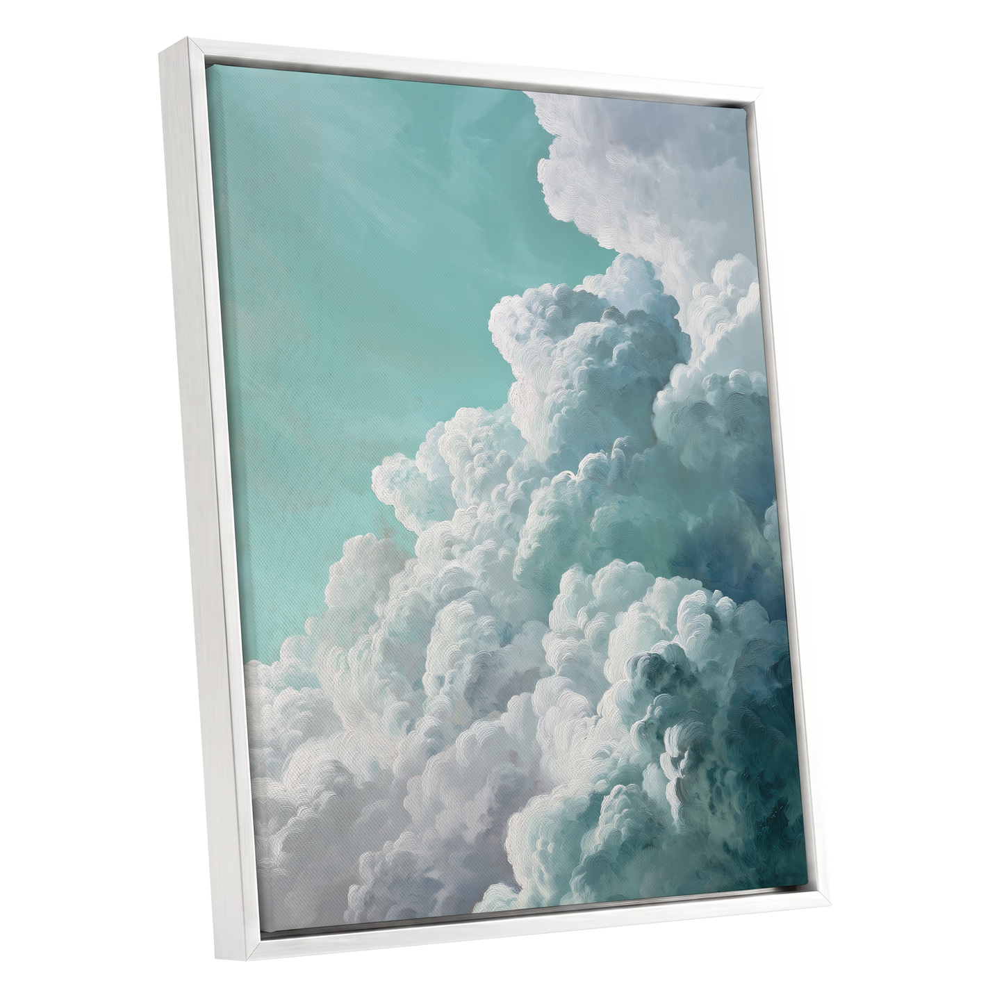 Clouds in Turquoise, blue, green, white nature wall art shown as a white framed canvas wall art