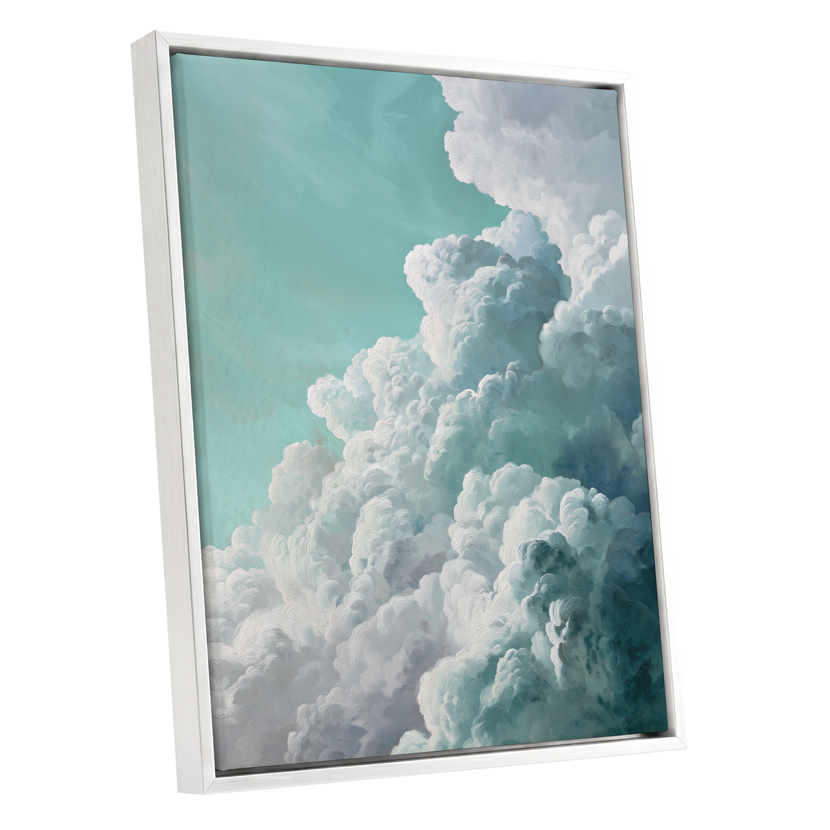 Clouds in Turquoise, blue, green, white nature wall art shown as a white framed canvas wall art