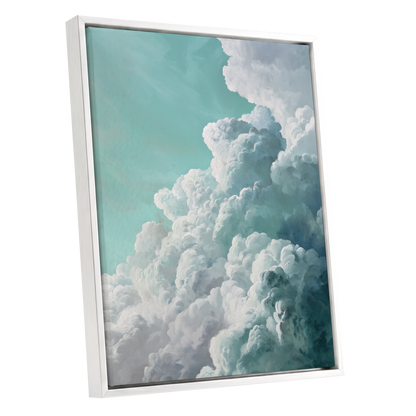 Clouds in Turquoise, blue, green, white nature wall art shown as a white framed canvas wall art