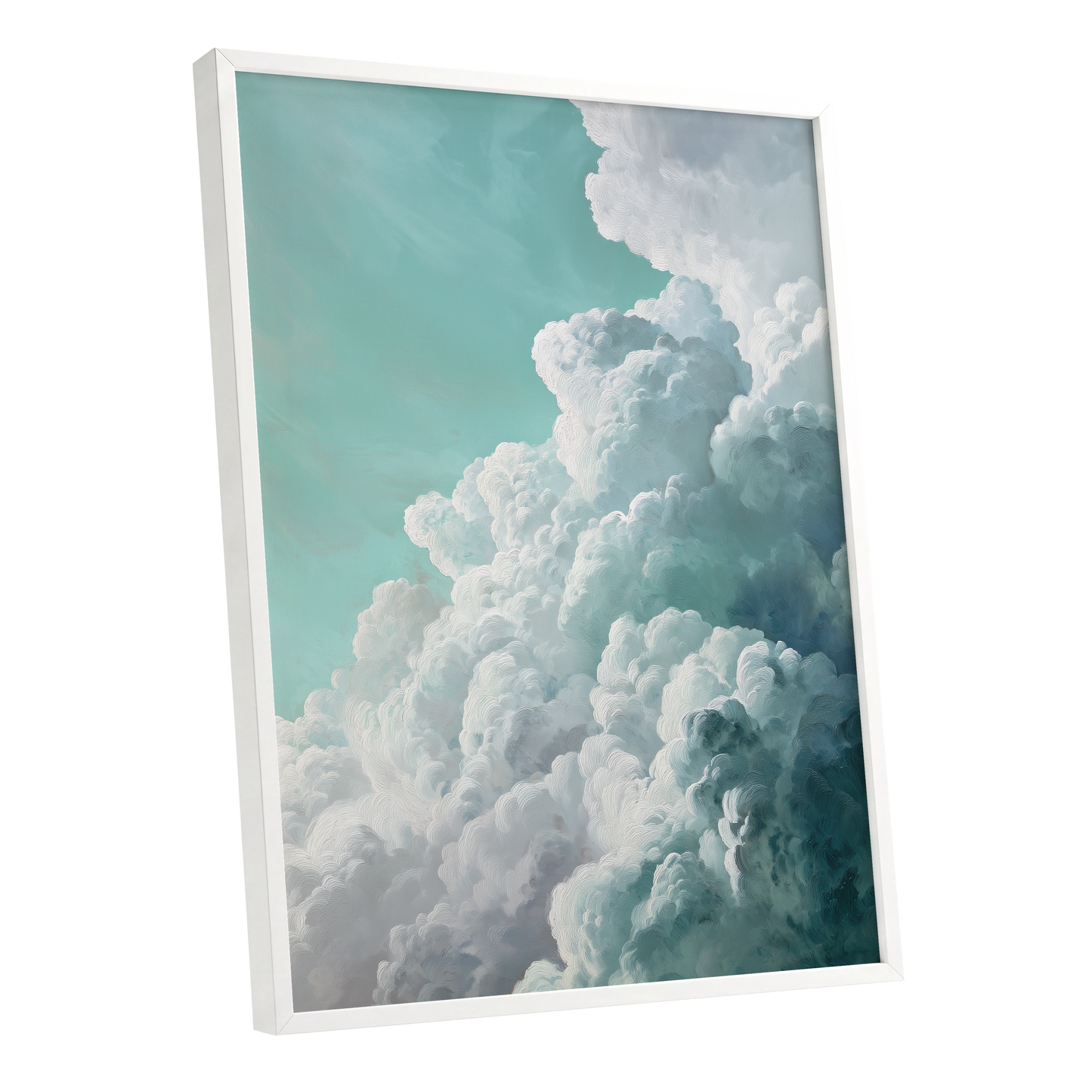Clouds in Turquoise, blue, green, white nature wall art shown as a white framed poster wall art print
