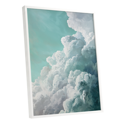 Clouds in Turquoise, blue, green, white nature wall art shown as a white framed poster wall art print