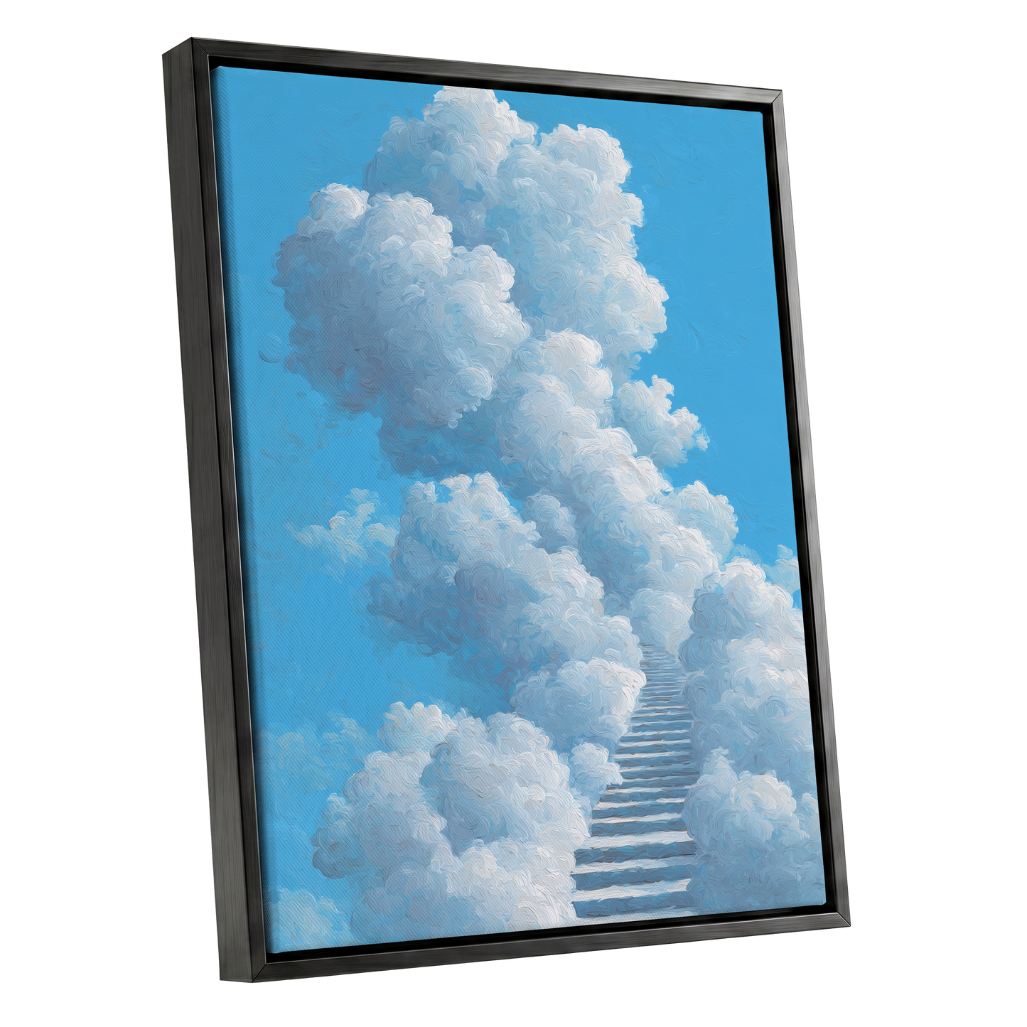 Cloudway Ascending, blue, white, gray nature wall art shown as a black framed canvas wall art