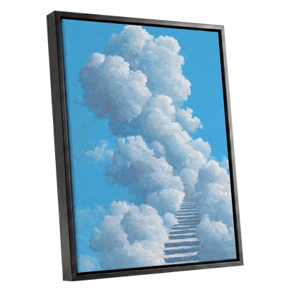 Cloudway Ascending, blue, white, gray nature wall art shown as a black framed canvas wall art