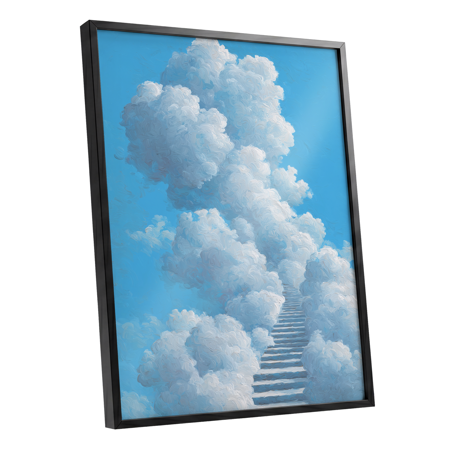 Cloudway Ascending, blue, white, gray nature wall art shown as a black framed poster wall art print
