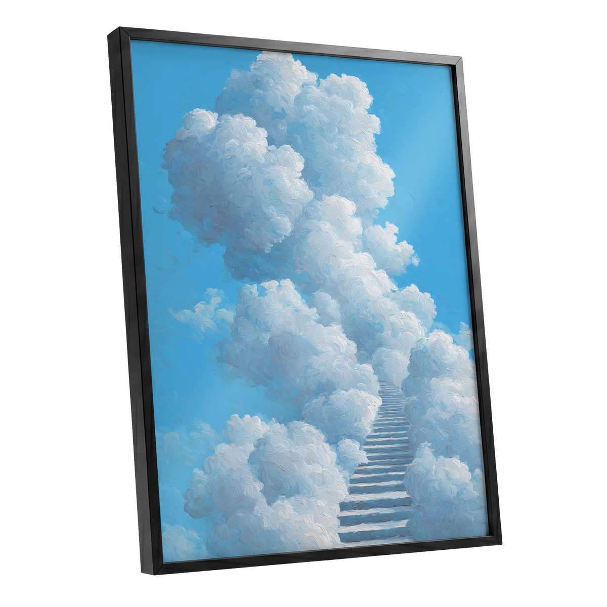 Cloudway Ascending, blue, white, gray nature wall art shown as a black framed poster wall art print