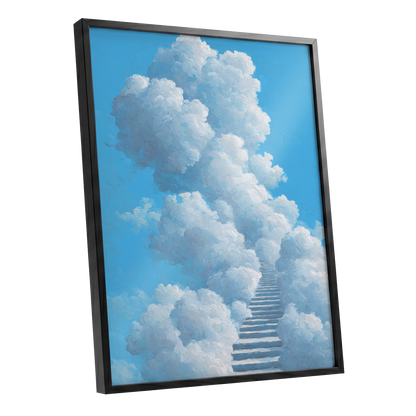 Cloudway Ascending, blue, white, gray nature wall art shown as a black framed poster wall art print