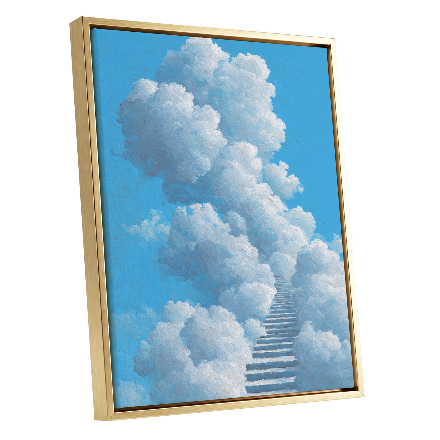 Cloudway Ascending, blue, white, gray nature wall art shown as a gold framed canvas wall art