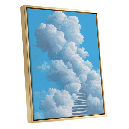 Cloudway Ascending, blue, white, gray nature wall art shown as a gold framed canvas wall art