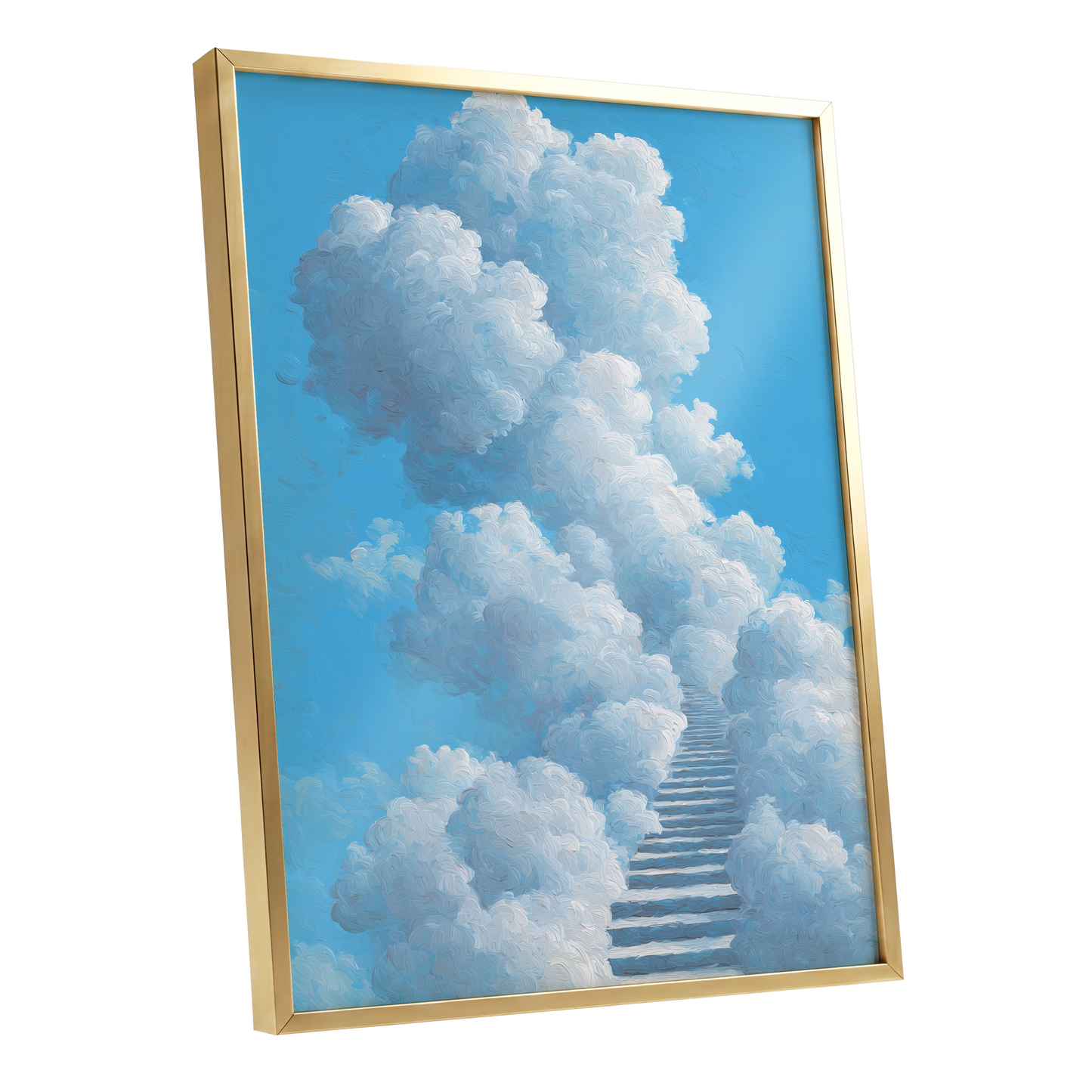 Cloudway Ascending, blue, white, gray nature wall art shown as a gold framed poster wall art print