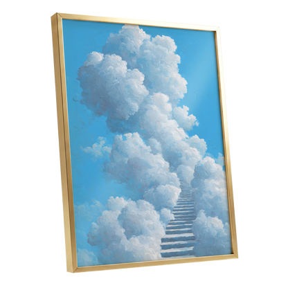 Cloudway Ascending, blue, white, gray nature wall art shown as a gold framed poster wall art print