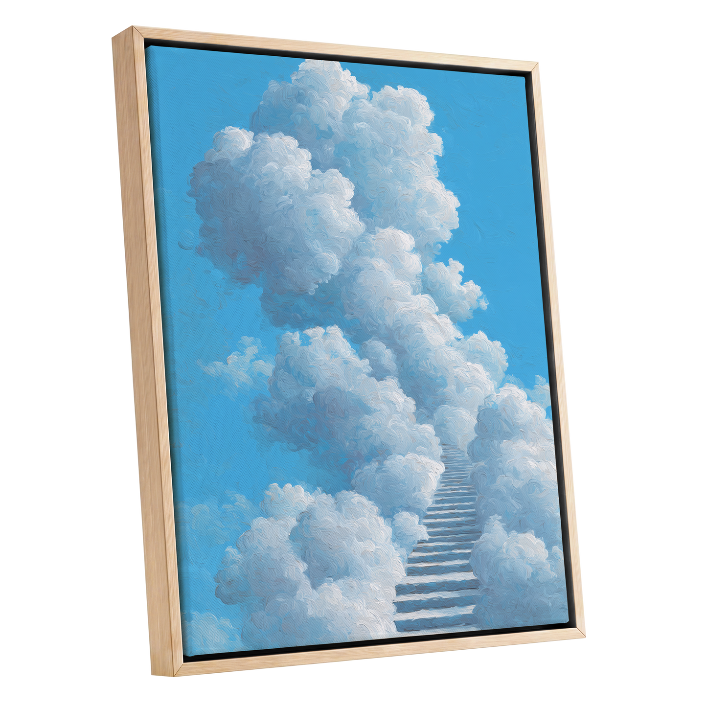 Cloudway Ascending, blue, white, gray nature wall art shown as a oak framed canvas wall art