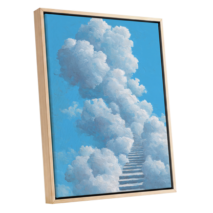 Cloudway Ascending, blue, white, gray nature wall art shown as a oak framed canvas wall art