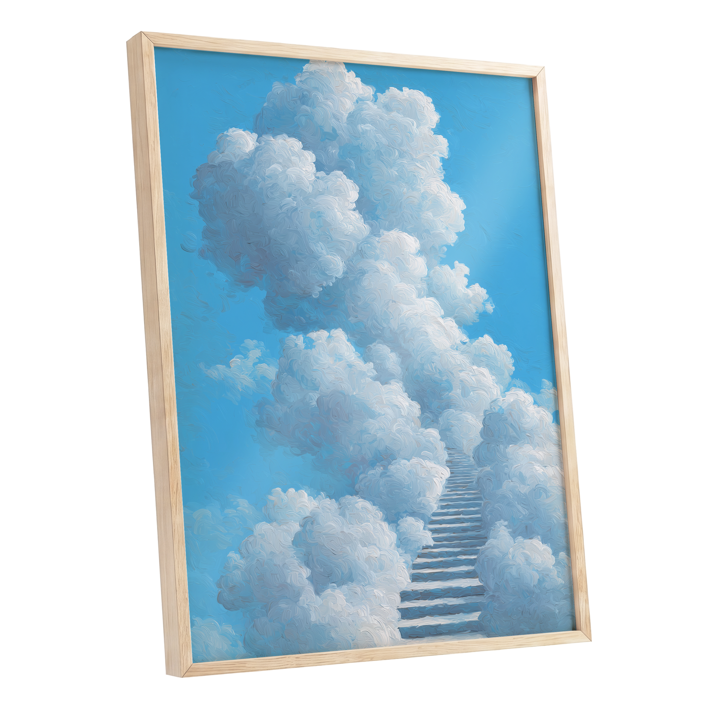 Cloudway Ascending, blue, white, gray nature wall art shown as a oak framed poster wall art print