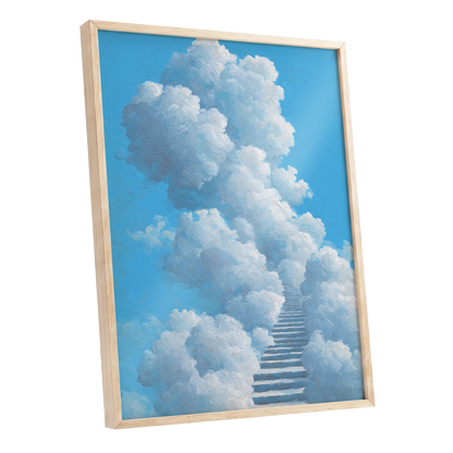 Cloudway Ascending, blue, white, gray nature wall art shown as a oak framed poster wall art print