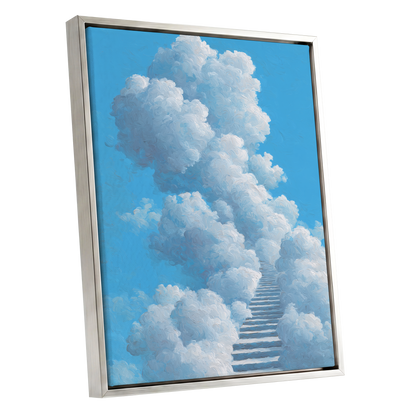 Cloudway Ascending, blue, white, gray nature wall art shown as a silver framed canvas wall art