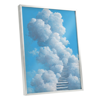 Cloudway Ascending, blue, white, gray nature wall art shown as a silver framed poster wall art print