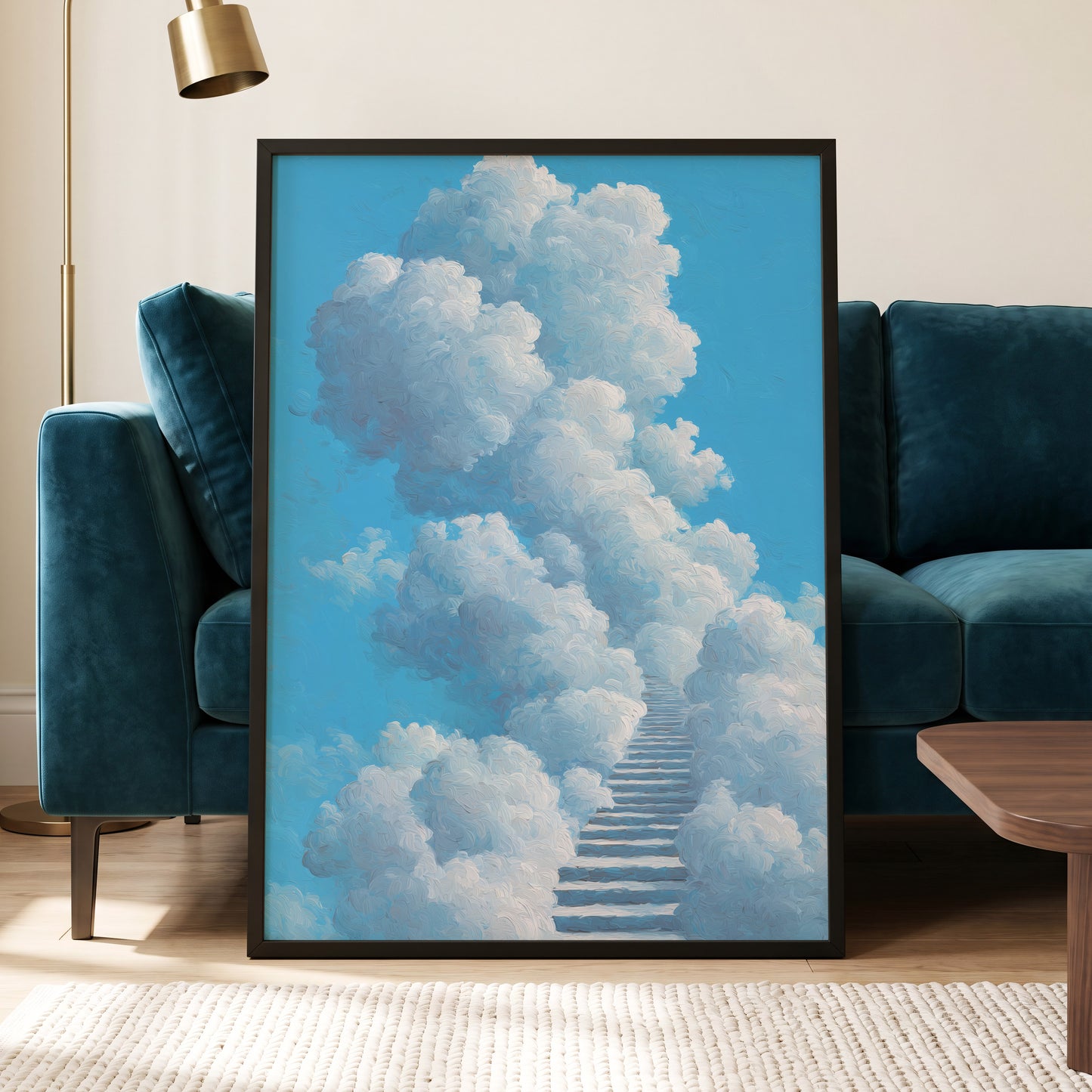 Cloudway Ascending, blue, white, gray nature wall art displayed in a styled interior, gallery view 2